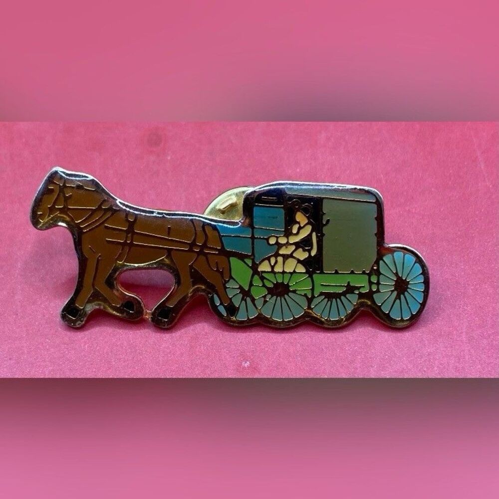 Vintage Brooch Horse Carriage Amish Green Gold Enamel 1.75”